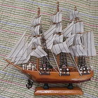 Vintage Wooden Ship Model Sailboat W Cloth Sails  Handcrafted  9  Long And Tall