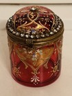 Beautiful Hand Painted Cranberry Enamel   Gilt Art Glass Jeweled Moser Jar Box