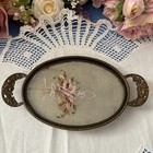 Antique Brass Glass Fine Embroidery Floral Small Tray Handles Glass Inlay