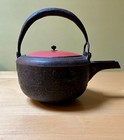 Antique Japanese Tetsubin Iron Sake Pot W  Red Lacquer Lid Meiji Period Beauty