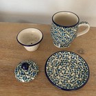 Polish Pottery Boleslawiec Blueberry Tea Mug Set With Infuser Lid Saucer 4pc