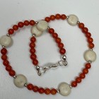 Handmade Anklet White Magnesite And Red Orange Round Coral Beads Silver Tone