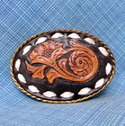 Western Desert Floral Belt Buckle Leather Inlay Nickel Silver Vtg 70s 80s nox185