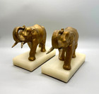 Pair Of Decorative Vintage Cast Iron Gold Elephant Trunk Up Marble Base Bookends