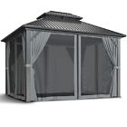10x12 Ft Hardtop Gazebo  Aluminum Frame  Steel Roof  Nettings   Curtains  Gray