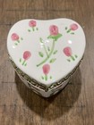 Hand Painted Porcelain Heart Shaped Trinket Box Pink Roses Brass Trim Euc