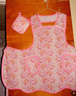 Handmade Bib Apron - Plus Sz - Peachy-pink  Floral   White Lace - Retro- Vintage