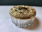 Vintage Glass Powder Box With Embossed Gold Tone Lid   Puff     Original Box   