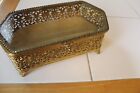 Vtg Gold Filigree Ormolu Footed Beveled Glass Casket Jewelry Box 8  X 4 5 