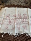 Vtg Hand Embroidered Red Work Kitchen Dish Towel Children Beach Scene 15 x24 