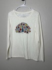Talbots Peacock Embroidered Long Sleeve T Shirt Womens M Ivory Boho Colorful Top