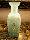 Antique Frosted Glass Vase Blue Green Roses Floral Display Piece