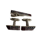 Vintage American Flag Cufflinks   Tie Clip Set Fabric Silver Tone Patriotic Usa