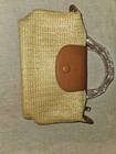 Beige Brown Woven Small Satchel Top Handle Bag Zip Closure Lined Gold Hardware