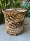Vintage Woven Wicker Rattan Drum Style Side Table Waste Basket Plant Stand Boho