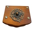 Vtg Wood   Cork Coasters Wooden Box Holder Set Of 8 Mcm Metal Decorative Top