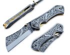 Custom 9-inch Hand-engraved Folding Knife With Leather Sheath