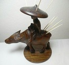 Unique Hand Carved Asian With Coolie Hat Atop A Water Buffalo Toothpick Holder