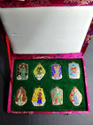 Vintage Chinese Cloisonn   Pendants Enamel 8 Pieces Red Silk Box Oriental 40s