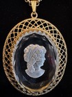 Vintage Whiting Davis Glass Cameo Pendant Necklace Clip Earrings Set Gold