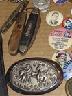 Vintage Junk Drawer Lot Knives  Lighters  Sterling Set  Pins  Medals  Coins    