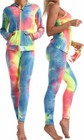 Women 4 Pcs Tie Dye Workout Sets    zip Up Long Sleeve Hooded Jacket With Pockets 
