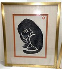 Pair Sadanobu Hasegawa Black Cat Woodblock Prints Signed Framed