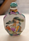 Chinese Snuff Bottle With Painted Lady And Green Stopper