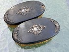 Antique Victorian Ebony Boar Bristle Brushes With Sterling Adornment Cartouche