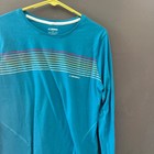 Brooks Womens Teal Blue Long Sleeve Running Shirt Retro Stripe Graphic Large