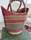 African Bolga Ghana Market Basket Woven Straw Tote Leather Handles Large 19x 14   