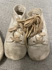 2 Pairs Of Vintage White Very Worn Leather Baby Shoes 