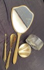 Vintage Vanity Hand Mirror  Gold Tone Metal  Shoehorn  Cuticle Tool  Glass Jar