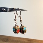 Vintage Tibetan Nepal Brass Coral Turquoise Bead Earrings