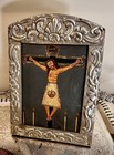Mexican Retablo Ex  Voto Crucifixion On Canvas W  Ornate Metal Frame