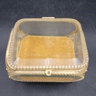 Vintage Ormolu Filigree Ornate Beveled Glass Jewelry Velvet Trinket Box Casket