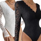 Womens Lace Floral Bodysuit Leotard Lingerie Babydoll Long Sleeve Unitard Romper