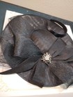 Black Sinamay Fascinator Headband Bow Crystal Brooch Wedding Cocktail Hat