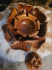 Vintage Mid Century Modern Monkey Pod Wood Lotus Flower Lazy Susan Serving Set