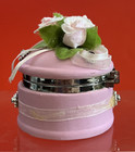 Pink Flowers And Bow Colorful Gems Jewelry Round Trinket Box Keepsake Vintage