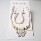 Faux Pearl White Necklace Earring Set Flower Girl 14  Butterfly Charm Bracelet