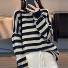 Wool Crew Neck Knitted Sweater Long Sleeve Womens Striped Loose Shirt Top Jumper