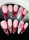 Enen Medium Almond 3d Floral Press-on Nails Pre-designed Pink Burgundy