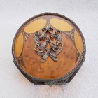 Vintage Ormolu Filigree Round Casket Jewelry Trinket Box W  Beveled Amber Glass