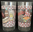 1997 Coca-cola Set Of 6 Red And White Checkered Hamburger And Hot Dog Tumblers