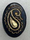 Antique Black Glass Button Gold Tone Paisley