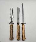 Set Of 3 Anton Wingen Knife Fork Carved Stag Handle Carving Solingen Germany Vtg