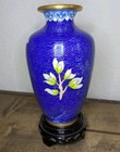 Antique Vintage Chinese Cloisonne Enamel Blue Gold Vase W wooden Base stand 