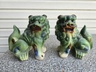 2 Vintage Glazed Ceramic Chinese Foo Dogs Guardian Lions 9    tall Pair Set