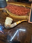 Ornate Topkapi Calabash Pipe Block Meerschaum With Marbled Amber Stem             